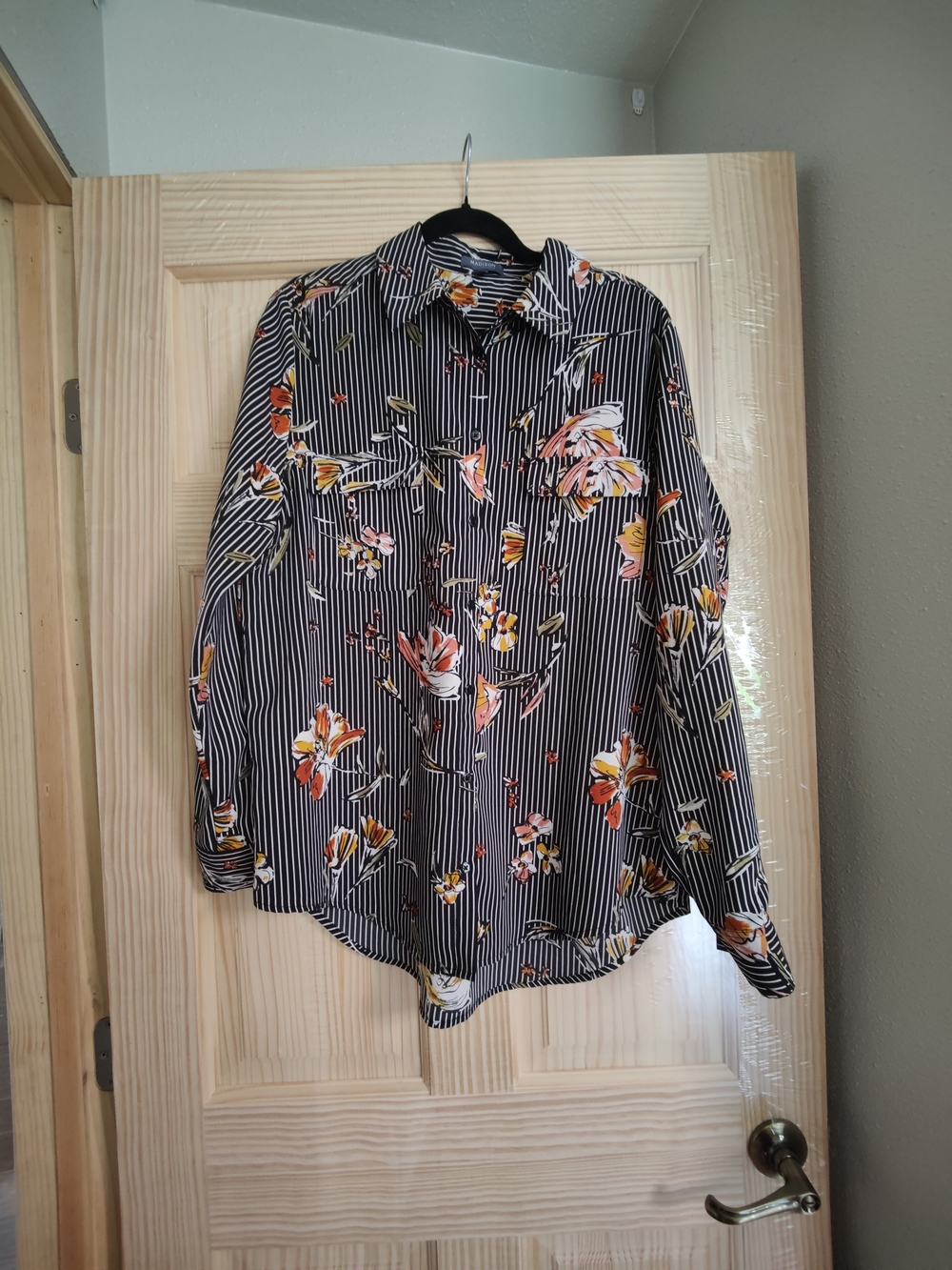 Madison Black Striped Button-Down with Orange Floral Print